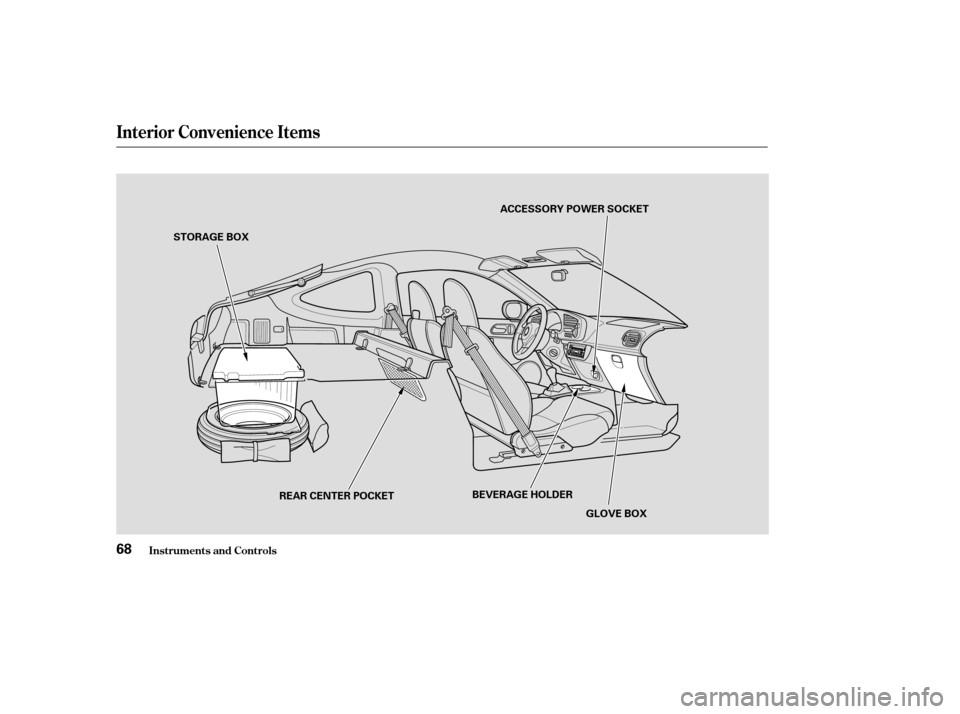 HONDA INSIGHT 2004 1.G Manual PDF Inst rument s and Cont rols
Interior Convenience Items
68
BEVERAGE HOLDER
STORAGE BOX
ACCESSORY POWER SOCKET
GLOVE BOX
REAR CENTER POCKET 