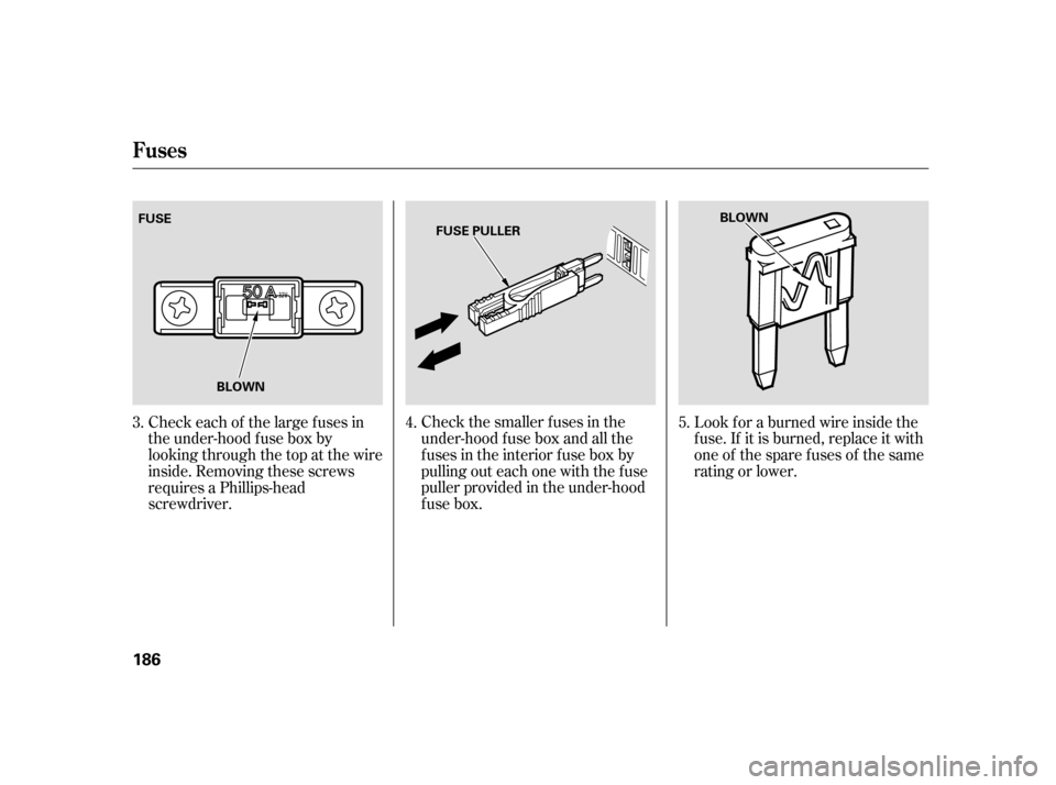 HONDA INSIGHT 2005 1.G Owners Manual Check the smaller f uses in the
under-hood f use box and all the
fuses in the interior fuse box by
pulling out each one with the f use
puller provided in the under-hood
fuse box.Look f or a burned wir