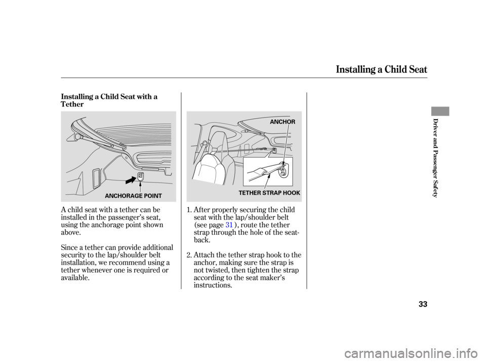 HONDA INSIGHT 2005 1.G Owners Guide A child seat with a tether can be
installed in the passenger’s seat,
using the anchorage point shown
above.
Since a tether can provide additional
security to the lap/shoulder belt
installation, we r HONDA INSIGHT 2005 1.G Owners Guide A child seat with a tether can be
installed in the passenger’s seat,
using the anchorage point shown
above.
Since a tether can provide additional
security to the lap/shoulder belt
installation, we r