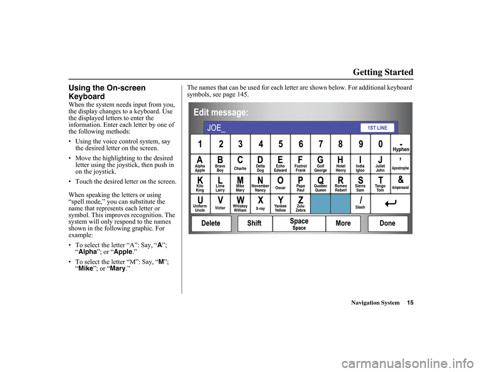 HONDA INSIGHT 2010 2.G Navigation Manual 
Navigation System15Getting Started
Using the On-screen 
KeyboardWhen the system needs input from you, 
the display changes to a keyboard. Use 
the displayed letters to enter the 
information. Enter e