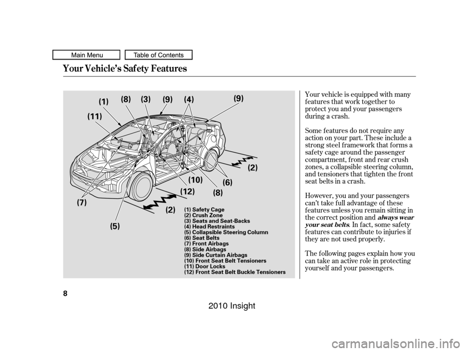 HONDA INSIGHT 2010 2.G User Guide Your vehicle is equipped with many
features that work together to
protect you and your passengers
during a crash.
The f ollowing pages explain how you
cantakeanactiveroleinprotecting
yourself and your