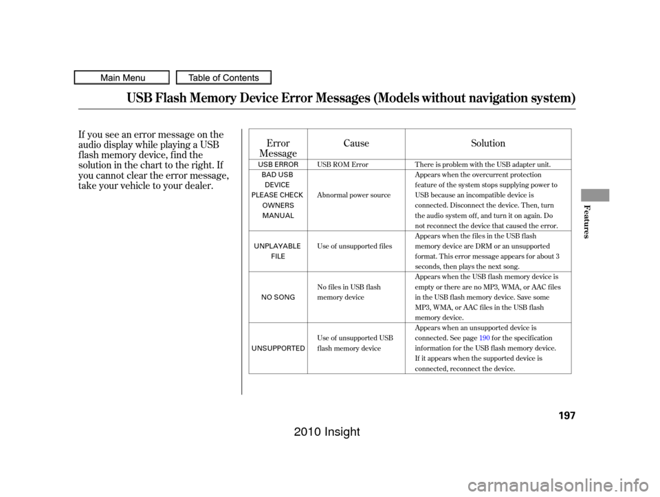 HONDA INSIGHT 2010 2.G Owners Manual If you see an error message on the
audio display while playing a USB
f lash memory device, f ind the
solution in the chart to the right. If
you cannot clear the error message,
take your vehicle to you