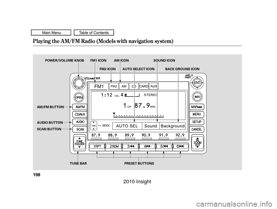 HONDA INSIGHT 2010 2.G Owners Manual Playing the A M/FM Radio (Models with navigation system)
198
TUNE BAR
SCAN BUTTON AUDIO BUTTON
PRESET BUTTONS
AM/FM BUTTON
POWER/VOLUME KNOB FM1 ICON
SOUND ICON
AM ICON
BACK GROUND ICON
AUTO SELECT IC