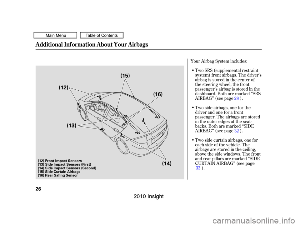 HONDA INSIGHT 2010 2.G Owners Manual Two SRS (supplemental restraint
system) f ront airbags. The driver’s
airbag is stored in the center of
the steering wheel; the f ront
passenger’sairbagisstoredinthe
dashboard. Both are marked ‘�