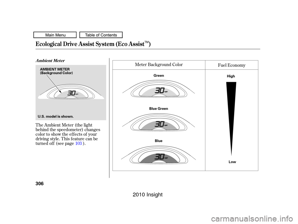 HONDA INSIGHT 2010 2.G Owners Manual The Ambient Meter (the light
behind the speedometer) changes
color to show the ef f ects of your
driving style. This f eature can be
turned of f (see page ).Fuel Economy
Meter Background Color
103
A m