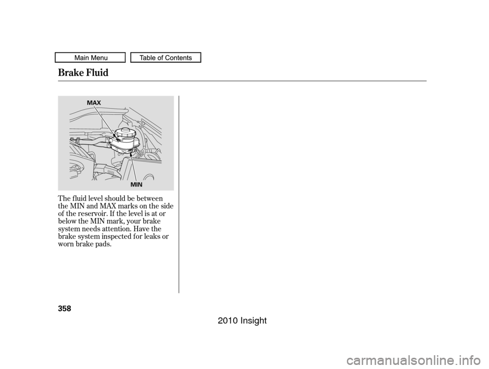 HONDA INSIGHT 2010 2.G Owners Manual The f luid level should be between
theMINandMAXmarksontheside
of the reservoir. If the level is at or
below the MIN mark, your brake
system needs attention. Have the
brake system inspected f or leaks 