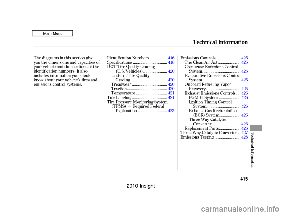 HONDA INSIGHT 2010 2.G Owners Manual µ
Thediagramsinthissectiongive
you the dimensions and capacities of
your vehicle and the locations of the
identif ication numbers. It also
includes inf ormation you should
know about your vehicle’