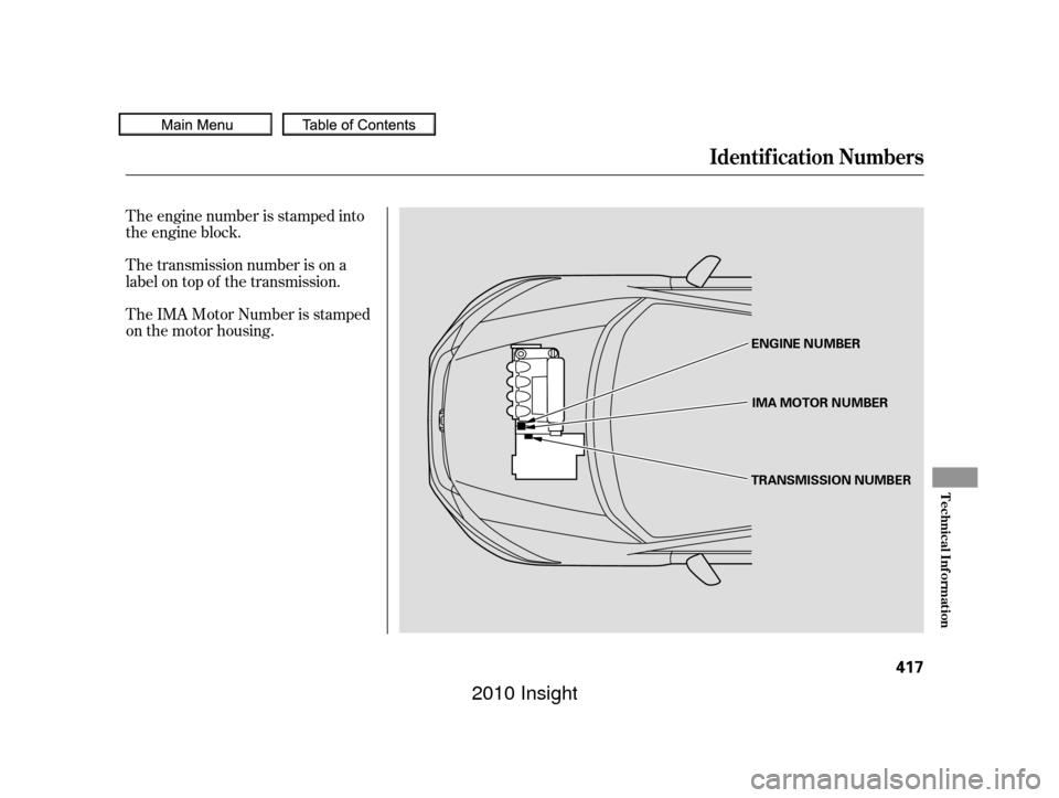 HONDA INSIGHT 2010 2.G Service Manual The engine number is stamped into
the engine block.
The transmission number is on a
label on top of the transmission.
The IMA Motor Number is stamped
on the motor housing.
Identif ication Numbers
Tech