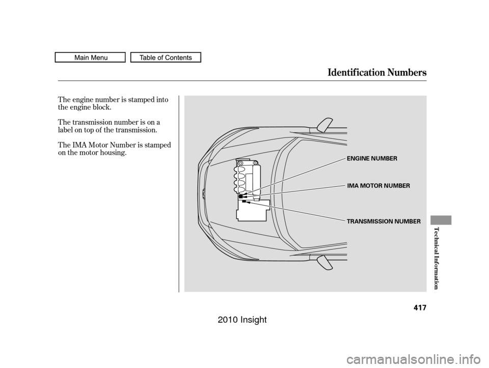 HONDA INSIGHT 2010 2.G Owners Manual The engine number is stamped into
the engine block.
The transmission number is on a
label on top of the transmission.
The IMA Motor Number is stamped
on the motor housing.
Identif ication Numbers
Tech