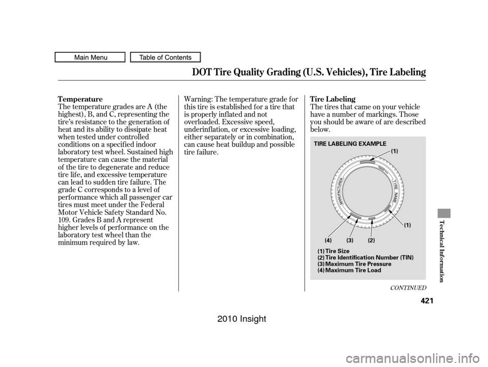 HONDA INSIGHT 2010 2.G Owners Manual The temperature grades are A (the
highest), B, and C, representing the
tire’s resistance to the generation of
heat and its ability to dissipate heat
when tested under controlled
conditions on a spec