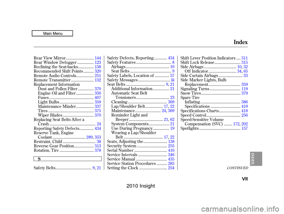 HONDA INSIGHT 2010 2.G Owners Manual CONT INUED..................................
Saf ety Belts .9, 21 ............
Safety Defects, Reporting . 434
.................................
Saf ety Features .8
...................................