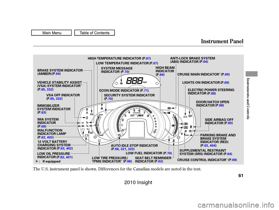 HONDA INSIGHT 2010 2.G Owners Manual ÎÎ
Î
Î
Î
The U.S. instrument panel is shown. Dif f erences f or the Canadian models are noted in the text.
Instrument Panel
Inst rument s and Cont rols
61
SECURITY SYSTEM INDICATOR LIGHTS ON