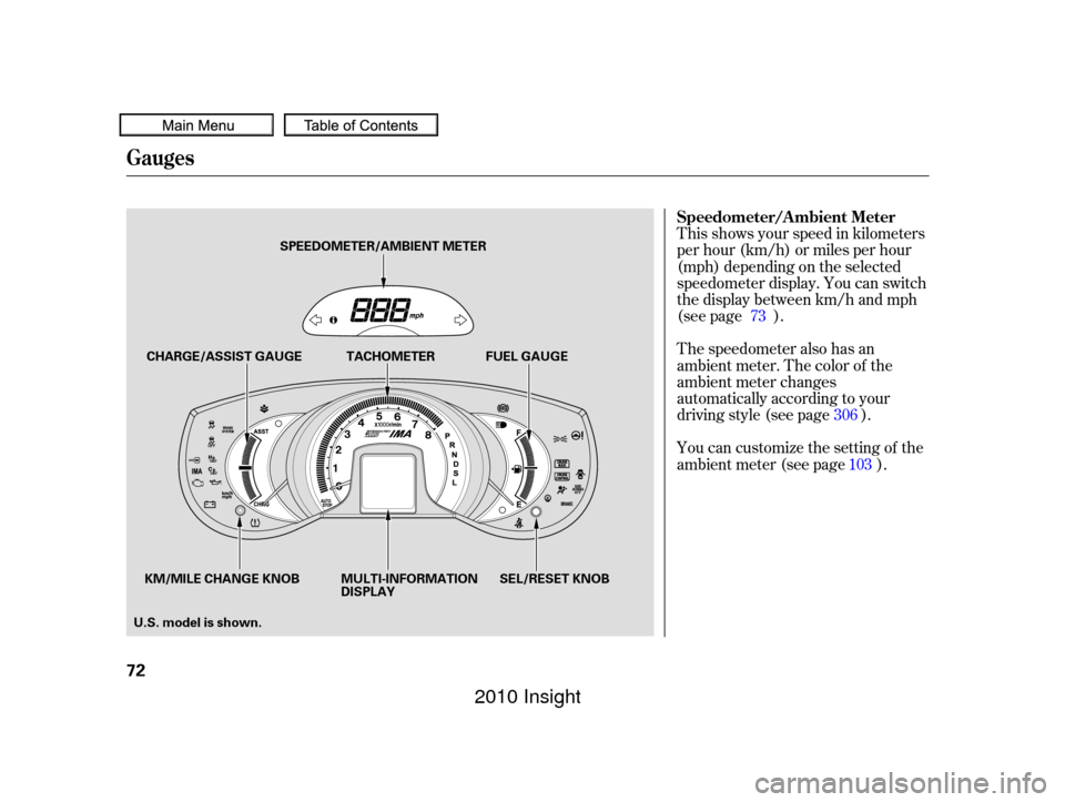 HONDA INSIGHT 2010 2.G Manual PDF This shows your speed in kilometers
per hour (km/h) or miles per hour
(mph) depending on the selected
speedometer display. You can switch
the display between km/h and mph
(see page ).
The speedometer 