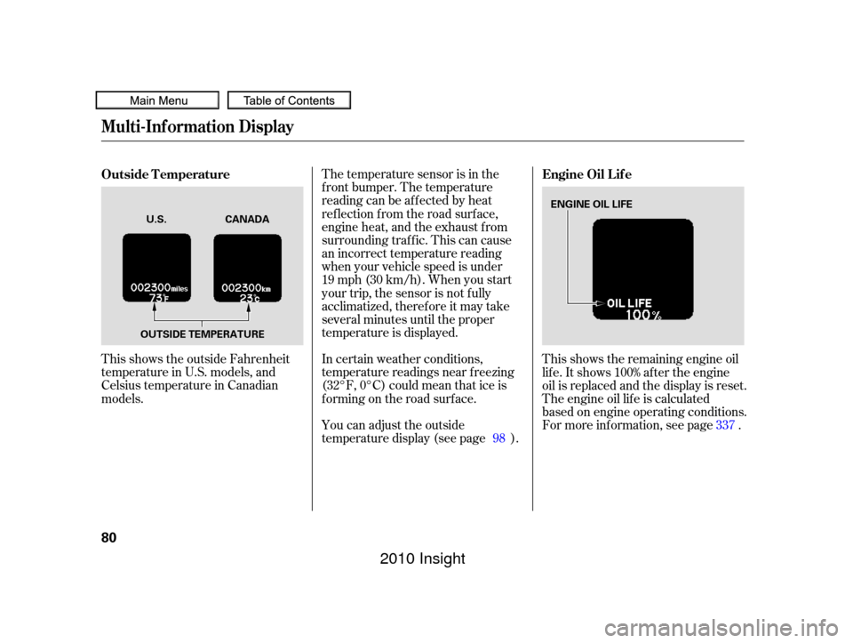 HONDA INSIGHT 2010 2.G Owners Manual This shows the outside Fahrenheit
temperature in U.S. models, and
Celsius temperature in Canadian
models.In certain weather conditions,
temperature readings near f reezing
(32°F, 0°C) could mean tha