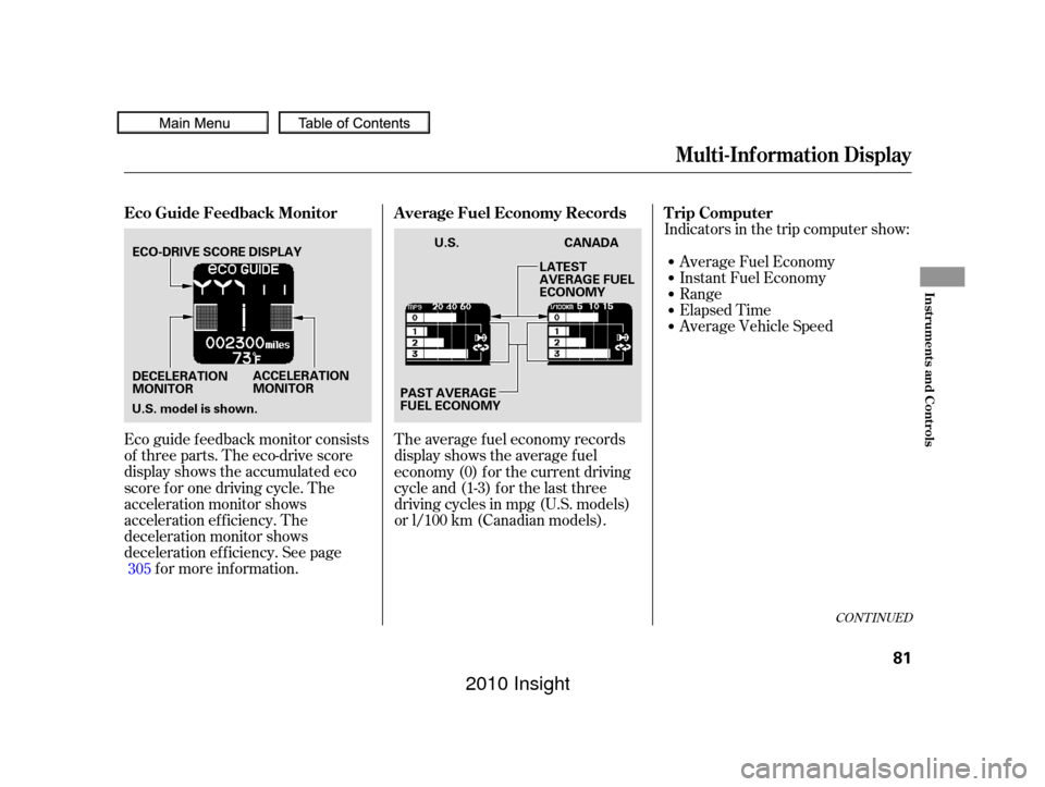 HONDA INSIGHT 2010 2.G Manual Online Eco guide f eedback monitor consists
of three parts. The eco-drive score
display shows the accumulated eco
score f or one driving cycle. The
acceleration monitor shows
acceleration ef f iciency. The
d