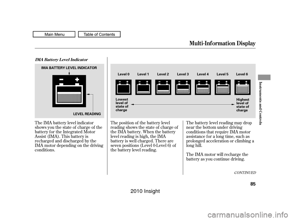 HONDA INSIGHT 2010 2.G Owners Manual The IMA battery level indicator
shows you the state of charge of the
battery for the Integrated Motor
Assist (IMA). This battery is
recharged and discharged by the
IMA motor depending on the driving
c