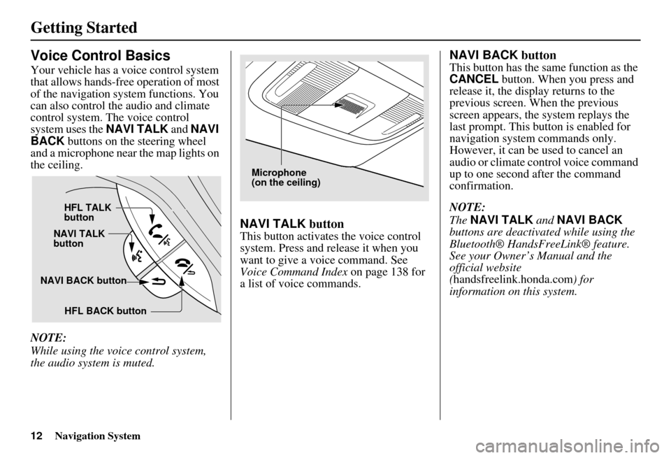 HONDA INSIGHT 2011 2.G Navigation Manual 12Navigation System
Getting Started
Voice Control Basics
Your vehicle has a voice control system 
that allows hands-free operation of most 
of the navigation system functions. You 
can also control th