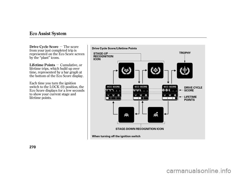 HONDA INSIGHT 2011 2.G Owners Manual µ
µ The score
f rom your just completed trip is 
represented on the Eco Score screen
by the ‘‘plant’’ icons.
Cumulative, or
lif etime trips, which build up over
time, represented by a bar 