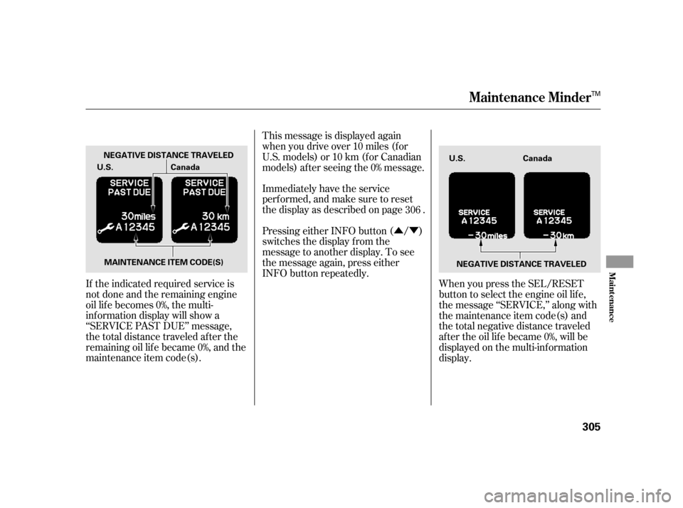 HONDA INSIGHT 2011 2.G Owners Manual ÛÝ
If the indicated required service is 
not done and the remaining engine
oil lif e becomes 0%, the multi-
inf ormation display will show a
‘‘SERVICE PAST DUE’’ message,
the total distanc