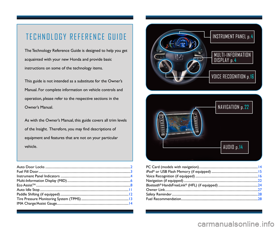 HONDA INSIGHT 2011 2.G Technology Reference Guide PCCard(modelswithnavigation)......................................................................14 
iPod®orUSBFlashMemory(ifequipped).......................................................15
VoiceR