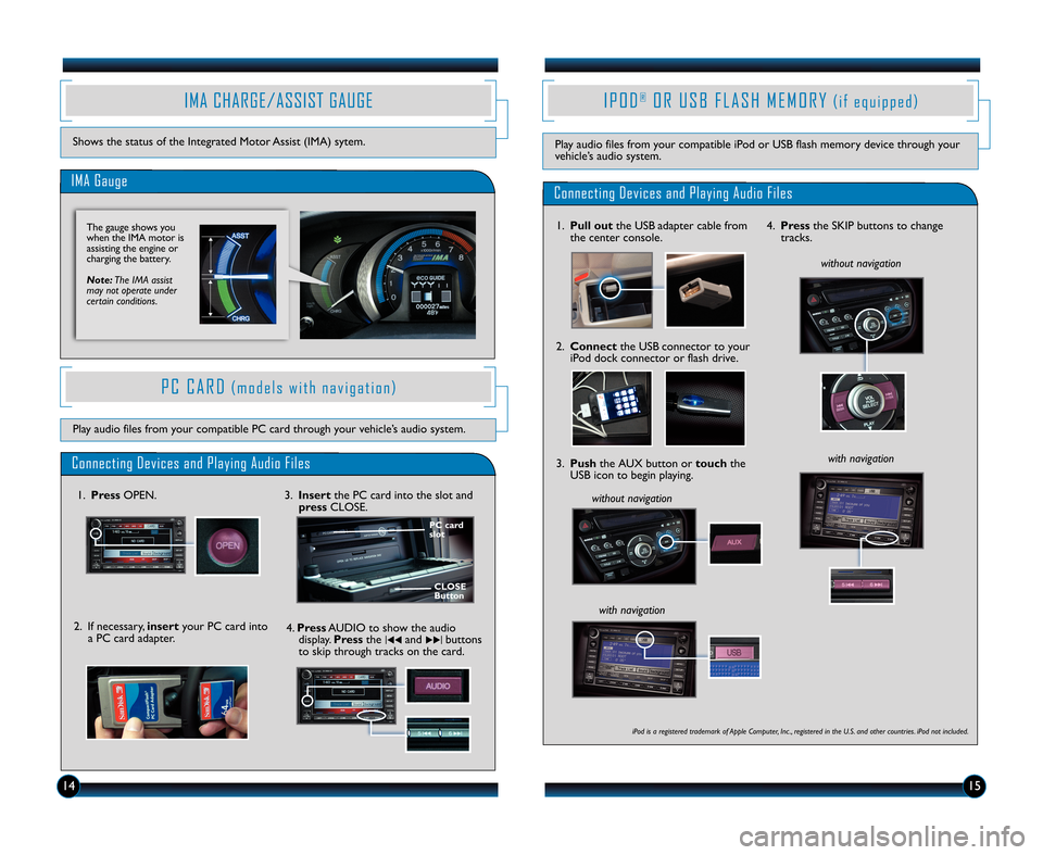 HONDA INSIGHT 2011 2.G Technology Reference Guide 1415
IMA CHARGE\bASSIST GAUGE
Showsthe status ofthe Integr ated Motor Assist(IMA) sytem.
IMA Gauge
The gauge shows you
whentheIMA motor is
assisting theengine or
charging thebattery.
Note: TheIMA assi