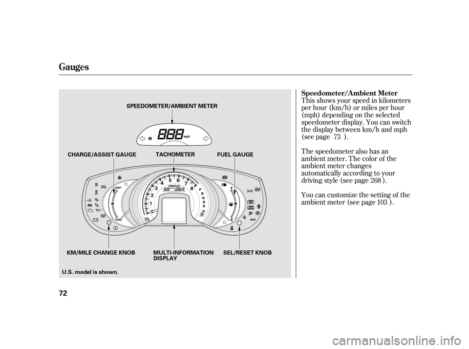 HONDA INSIGHT 2012 2.G Owners Manual This shows your speed in kilometers
per hour (km/h) or miles per hour
(mph) depending on the selected
speedometer display. You can switch
the display between km/h and mph
(see page ).
The speedometer 