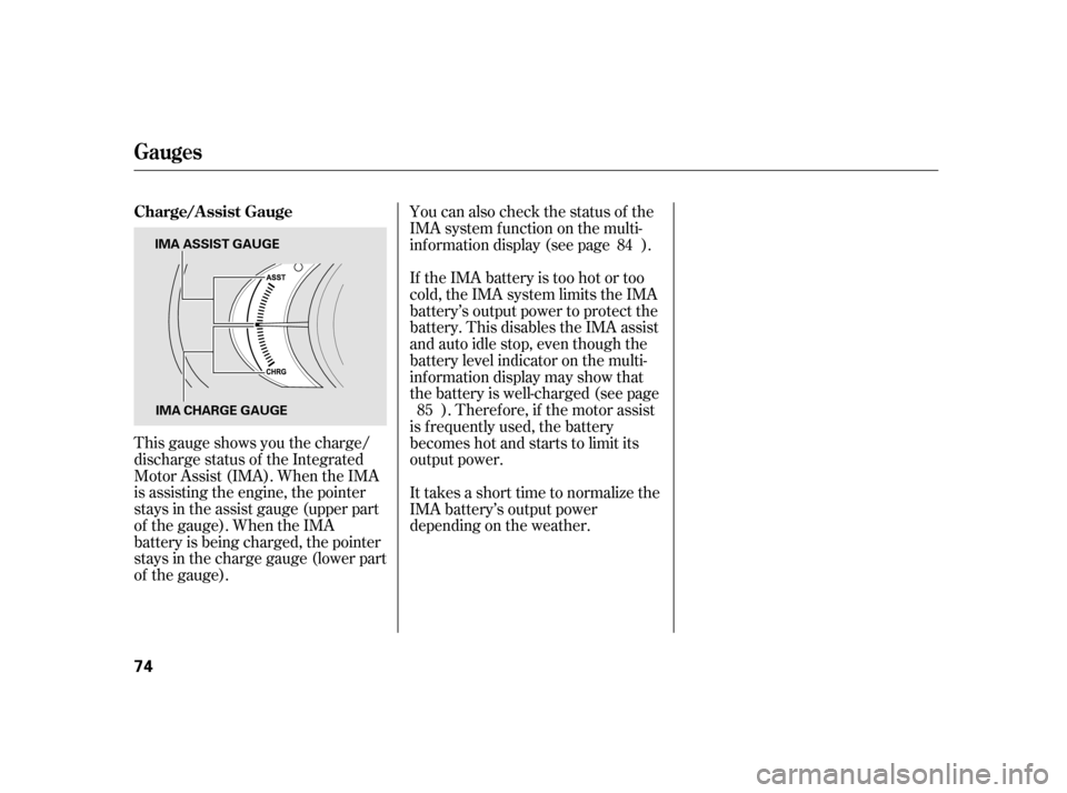 HONDA INSIGHT 2012 2.G Owners Manual This gauge shows you the charge/
discharge status of the Integrated
Motor Assist (IMA). When the IMA
is assisting the engine, the pointer
stays in the assist gauge (upper part
of the gauge). When the 