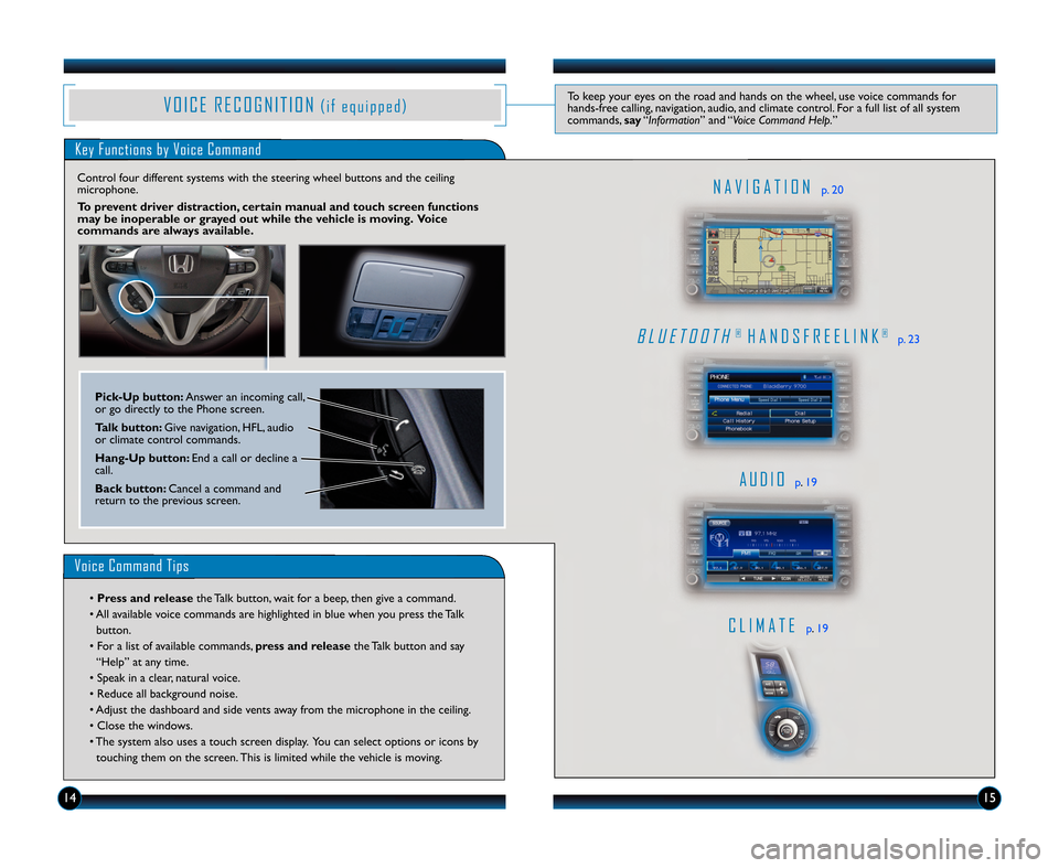 HONDA INSIGHT 2012 2.G Technology Reference Guide V O I C E R E C O G N I T I O N( i f e q u i p p e d )To keep your eyes on the road and hands on the wheel, use voice commands for
hands\bfree calling, navigation, audio, and climate control. For a fu