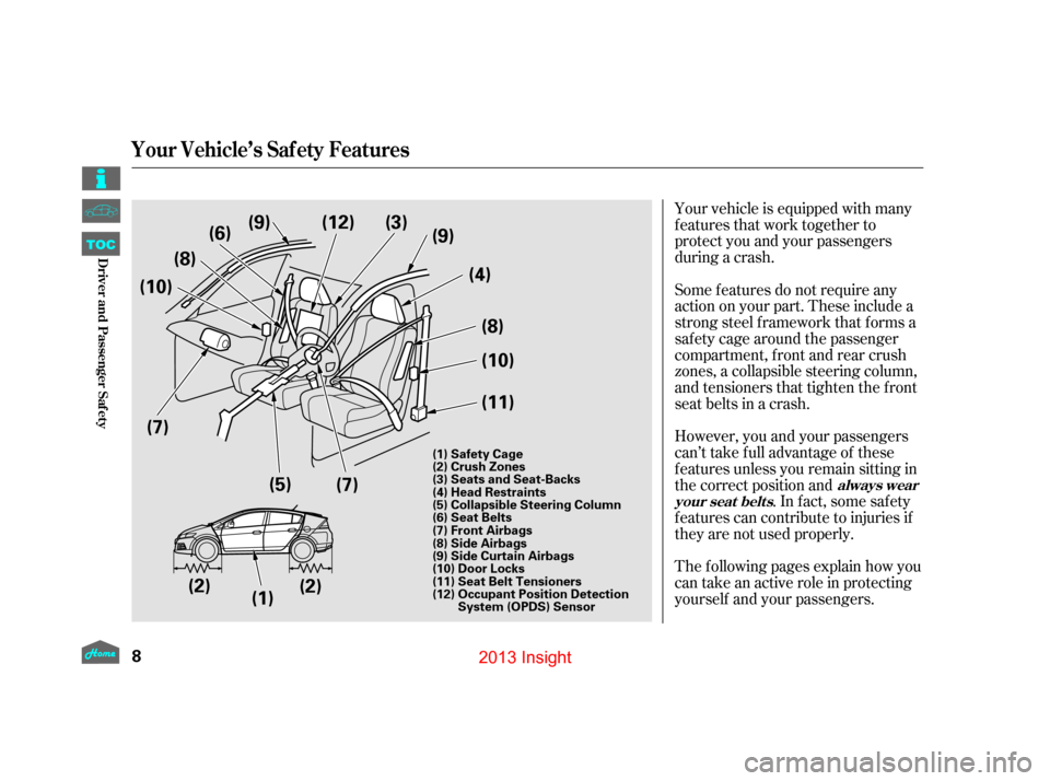 HONDA INSIGHT 2013 2.G User Guide Your vehicle is equipped with many
features that work together to
protect you and your passengers
during a crash.
The f ollowing pages explain how you
cantakeanactiveroleinprotecting
yourself and your