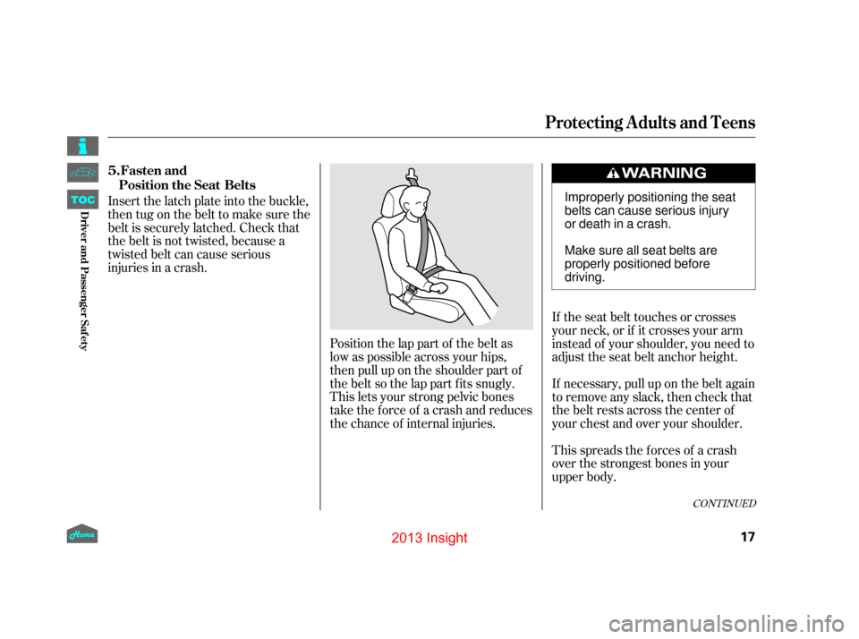 HONDA INSIGHT 2013 2.G User Guide Position the lap part of the belt as
low as possible across your hips,
then pull up on the shoulder part of
the belt so the lap part f its snugly.
This lets your strong pelvic bones
take the force of 