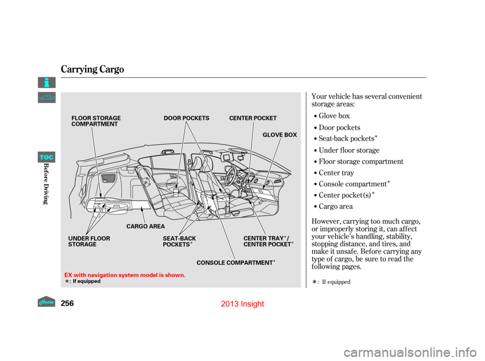 HONDA INSIGHT 2013 2.G Owners Manual Î
Î
Î
Î ÎÎ
Î
ÎÎ
Your vehicle has several convenient
storage areas:Glove box
Door pockets
Cargo area Center tray Floor storage compartment
Under f loor storage
However, carrying too m