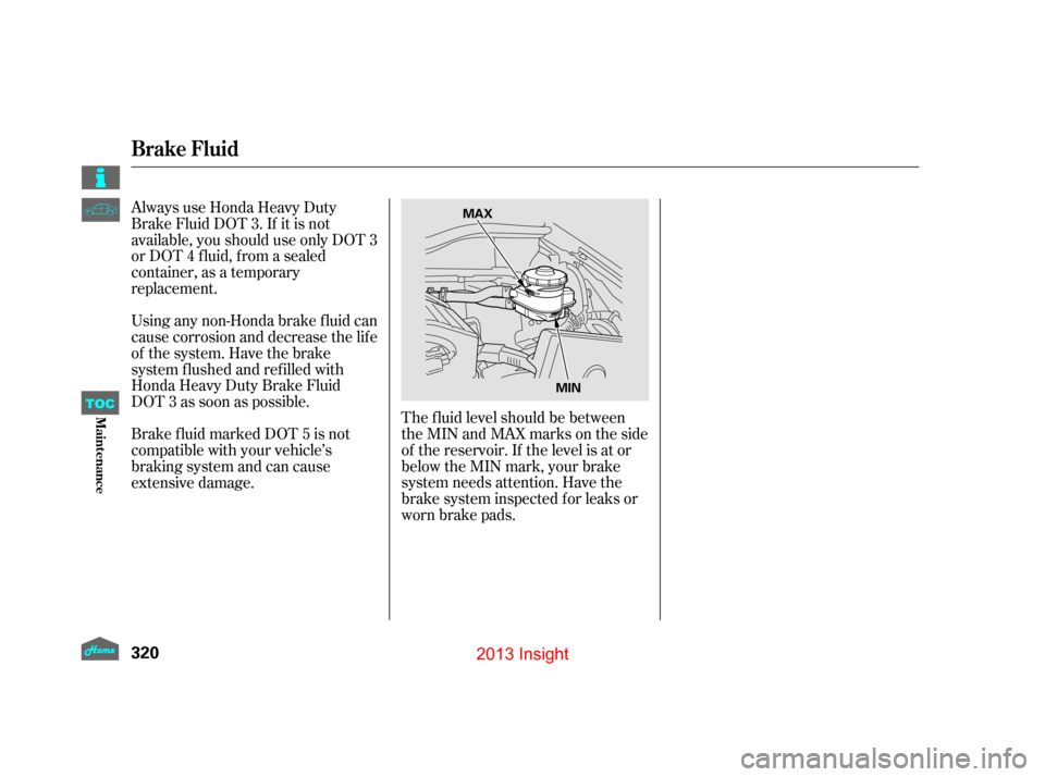 HONDA INSIGHT 2013 2.G Owners Manual The f luid level should be between
theMINandMAXmarksontheside
of the reservoir. If the level is at or
below the MIN mark, your brake
system needs attention. Have the
brake system inspected f or leaks 