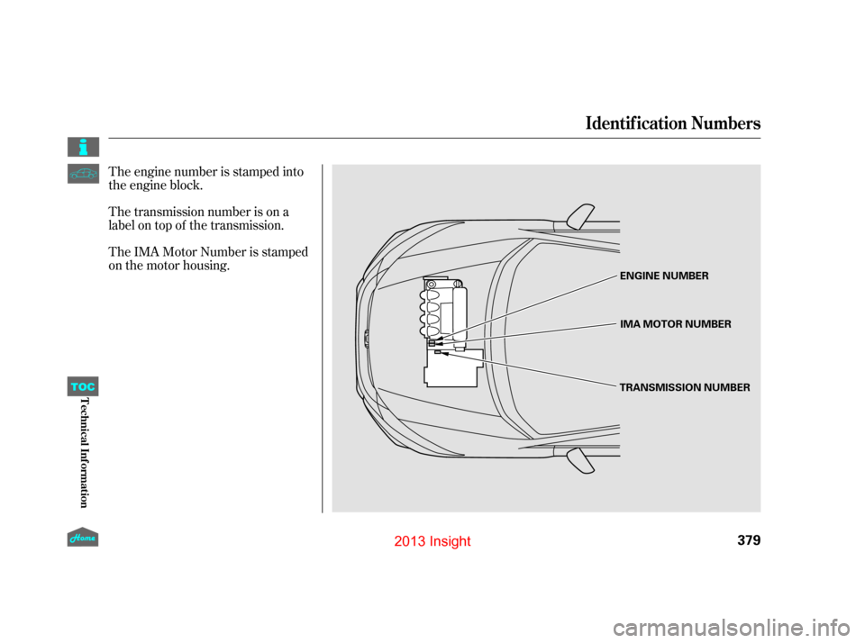 HONDA INSIGHT 2013 2.G Owners Manual The engine number is stamped into
the engine block.
The transmission number is on a
label on top of the transmission.
The IMA Motor Number is stamped
on the motor housing.
Identif ication Numbers
379
