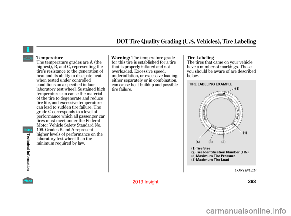 HONDA INSIGHT 2013 2.G Owners Manual The temperature grades are A (the
highest), B, and C, representing the
tire’s resistance to the generation of
heat and its ability to dissipate heat
when tested under controlled
conditions on a spec