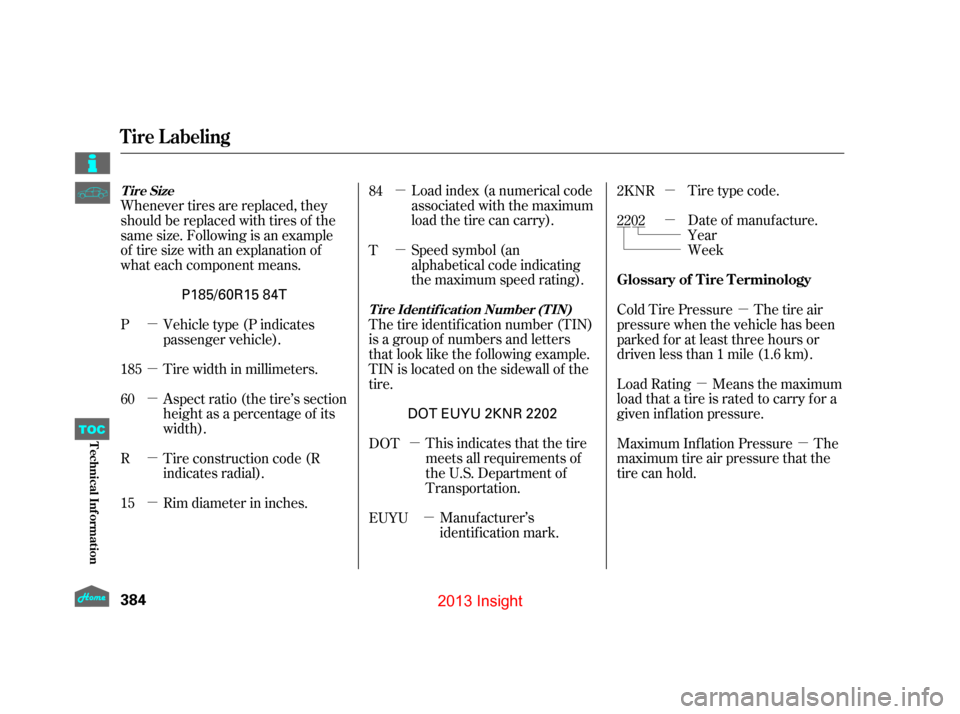 HONDA INSIGHT 2013 2.G Owners Manual µ
µ µ
µ
µ
µ
µ
µµ
µ
µ
µ
µ
µ Tire type code.
Date of manufacture.
Load index (a numerical code
associated with the maximum
load the tire can carry).
Speed symbol (an
alphabet