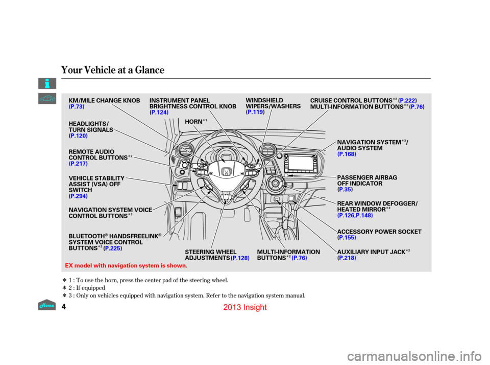 HONDA INSIGHT 2013 2.G Owners Manual Î
Î
Î
Î
Î
Î Î
Î
Î
Î Î
Î
Î
Only on vehicles equipped with navigation system. Ref er to the navigation system manual. To use the horn, press the center pad of the steering whee