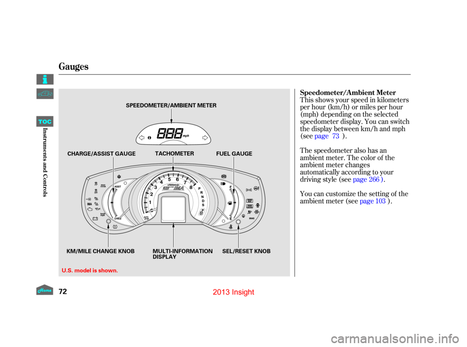 HONDA INSIGHT 2013 2.G Manual PDF This shows your speed in kilometers
per hour (km/h) or miles per hour
(mph) depending on the selected
speedometer display. You can switch
the display between km/h and mph
(seepage ).
The speedometer a