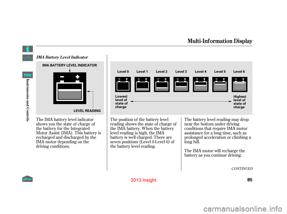 HONDA INSIGHT 2013 2.G Manual Online The IMA battery level indicator
shows you the state of charge of
the battery for the Integrated  
Motor Assist (IMA). This battery is
recharged and discharged by the
IMA motor depending on the
driving