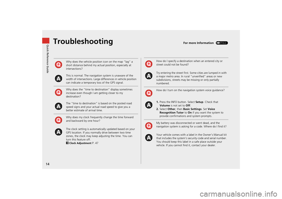 HONDA INSIGHT 2014 2.G Navigation Manual 14
Quick Reference GuideTroubleshootingFor more Information (P163)
Why does the vehicle position icon on the map “lag” a 
short distance behind my actual position, especially at 
intersections?
Th