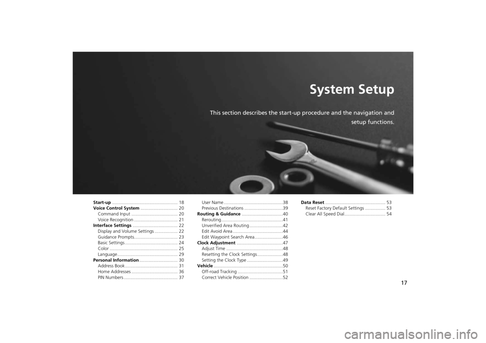 HONDA INSIGHT 2014 2.G Navigation Manual 17
System Setup
This section describes the start-up procedure and the navigation andsetup functions.
Start-up................................................... 18
Voice Control System ............... HONDA INSIGHT 2014 2.G Navigation Manual 17
System Setup
This section describes the start-up procedure and the navigation andsetup functions.
Start-up................................................... 18
Voice Control System ...............