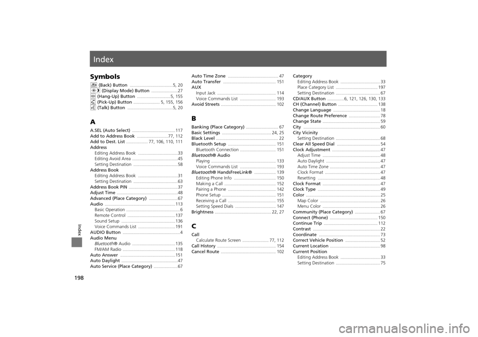 HONDA INSIGHT 2014 2.G Navigation Manual 198
Index
Index
Symbols
K (Back) Button  ....................................5, 20
a (Display Mode) Button  ......................27
j (Hang-Up) Button  ............................5, 155h (Pick-Up) B