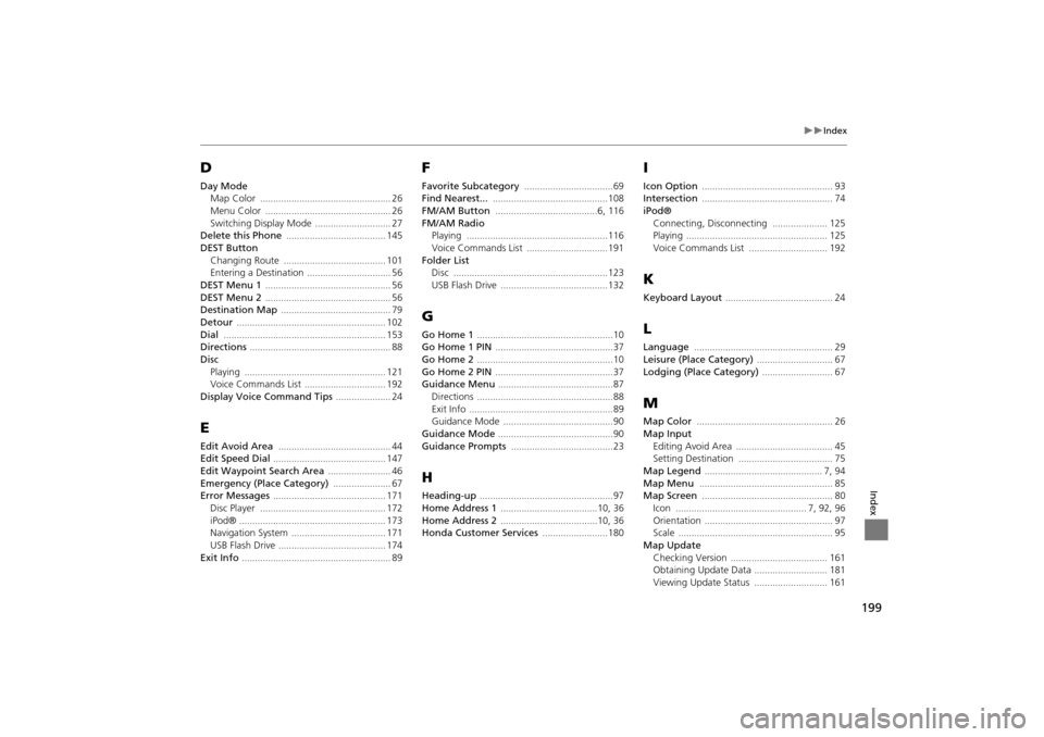 HONDA INSIGHT 2014 2.G Navigation Manual 199
�X�XIndex
Index
D
Day ModeMap Color 
.................................................. 26
Menu Color ................................................ 26Switching Display Mode ....................