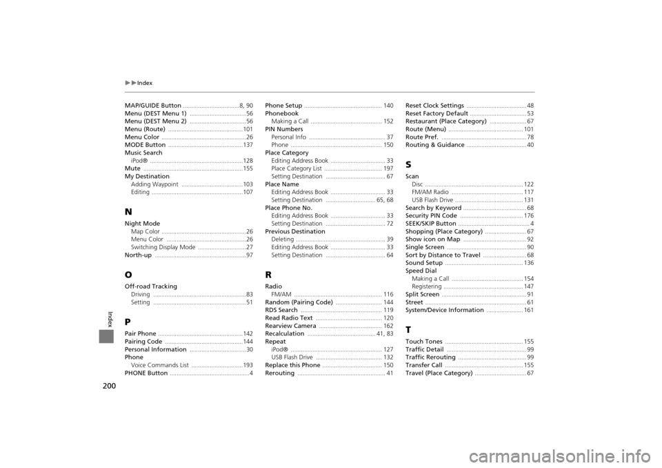 HONDA INSIGHT 2014 2.G Navigation Manual 200
�X�XIndex
Index
MAP/GUIDE Button ..................................8, 90Menu (DEST Menu 1) ..................................56
Menu (DEST Menu 2) ..................................56
Menu (Route)