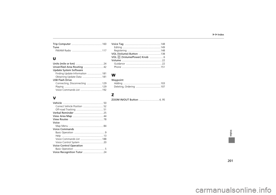 HONDA INSIGHT 2014 2.G Navigation Manual 201
�X�XIndex
Index
Trip Computer ............................................ 160Tune
FM/AM Radio 
........................................... 117
U
Units (mile or km)  ..............................