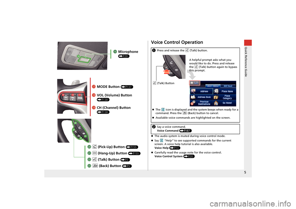 HONDA INSIGHT 2014 2.G Navigation Manual 5
Quick Reference Guide
lgMicrophone 
(P20)
lhMODE Button (P137)
liVOL (Volume) Button 
(P138)
mah (Pick-Up) Button (P155)
mdK  (Back) Button (P5)
mcd (Talk) Button (P5)
mbj (Hang-Up) Button (P155)
lj