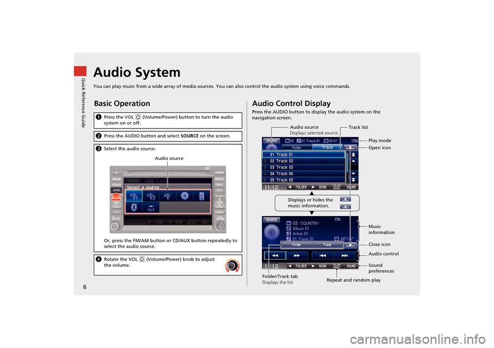 HONDA INSIGHT 2014 2.G Navigation Manual 6
Quick Reference GuideAudio System
You can play music from a wide array of media sources. You can also control the audio system using voice commands.
Basic Operation
aPress the VOL  9 (Volume/Power) 