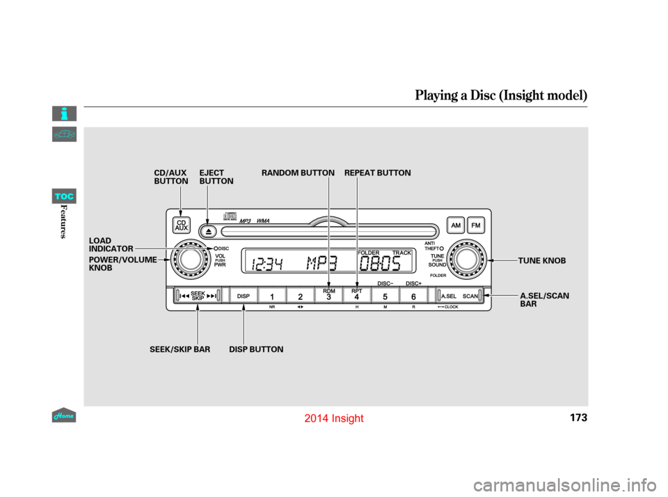 HONDA INSIGHT 2014 2.G Owners Manual Playing a Disc (Insight model)
173
REPEAT BUTTON
EJECT
BUTTON RANDOM BUTTON
A.SEL/SCAN
BAR
CD/AUX
BUTTON
TUNE KNOB
LOAD
INDICATOR
DISP BUTTON
SEEK/SKIP BAR
POWER/VOLUME
KNOB
12/07/13 16:58:36 31TM8630