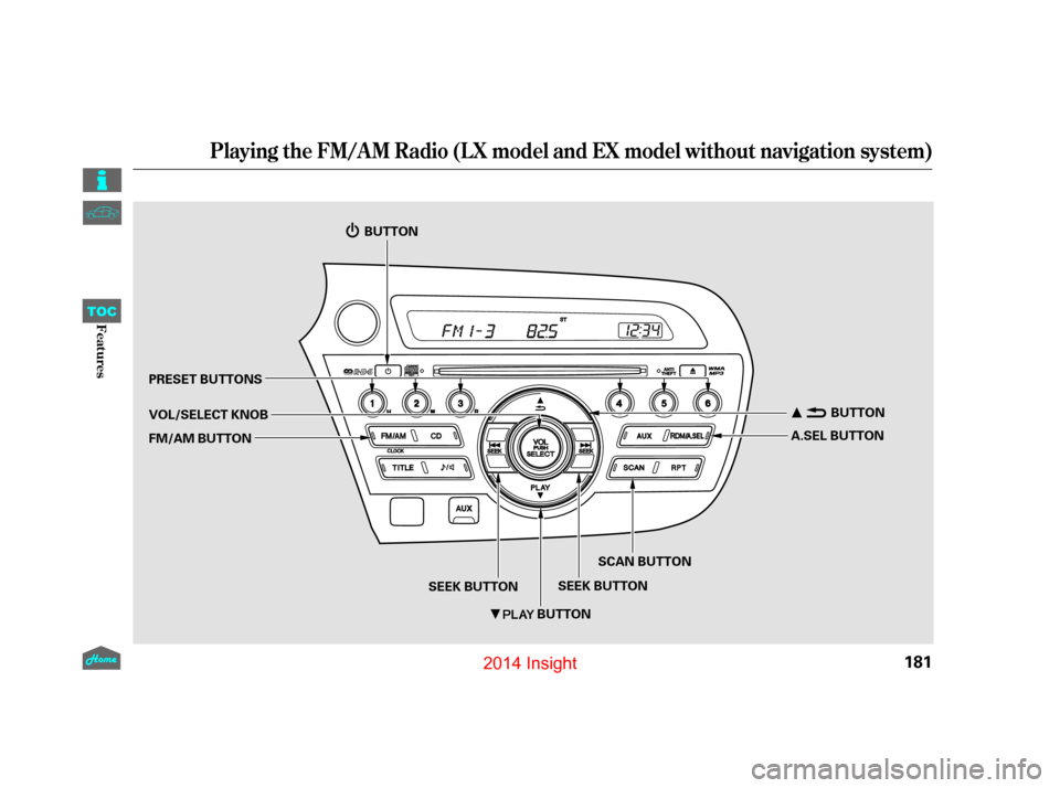 HONDA INSIGHT 2014 2.G Owners Manual Playing the FM/AM Radio (LX model and EX model without navigation system)
181
SEEK BUTTONA.SEL BUTTON
SCAN BUTTON
SEEK BUTTON
PRESET BUTTONS
VOL/SELECT KNOB
FM/AM BUTTON
BUTTON
BUTTON BUTTON
12/07/13 