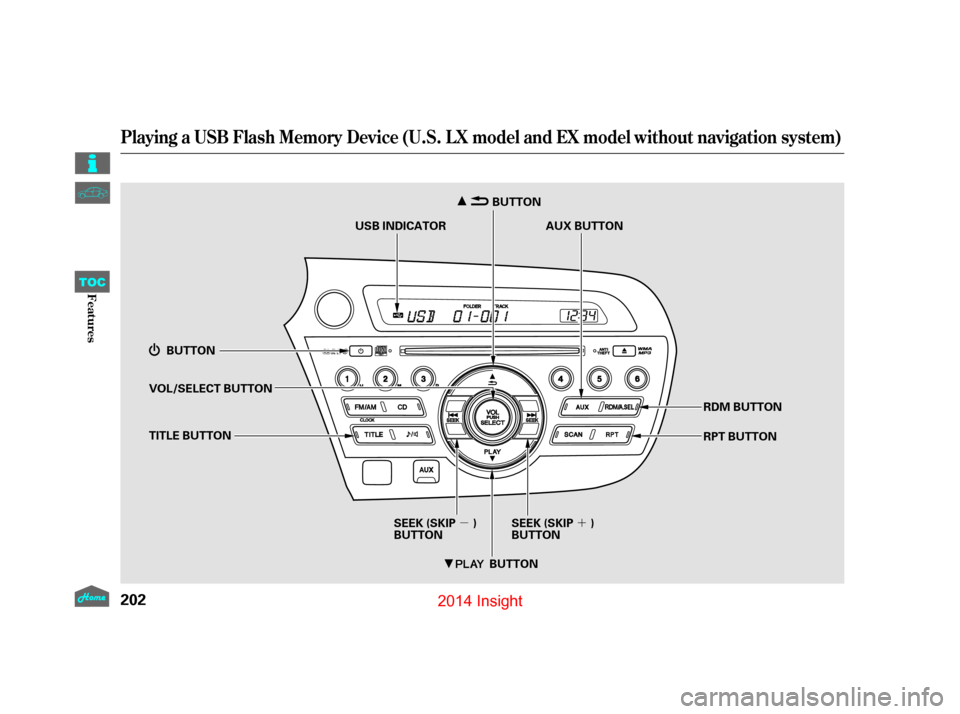 HONDA INSIGHT 2014 2.G Owners Manual ´
µ
Playing a USB Flash Memory Device (U.S. L X model and EX model without navigation system)
202
TITLE BUTTON
SEEK (SKIP )
BUTTON
USB INDICATOR
AUX BUTTON
SEEK (SKIP )
BUTTON RDM BUTTON
RPT BUTTO