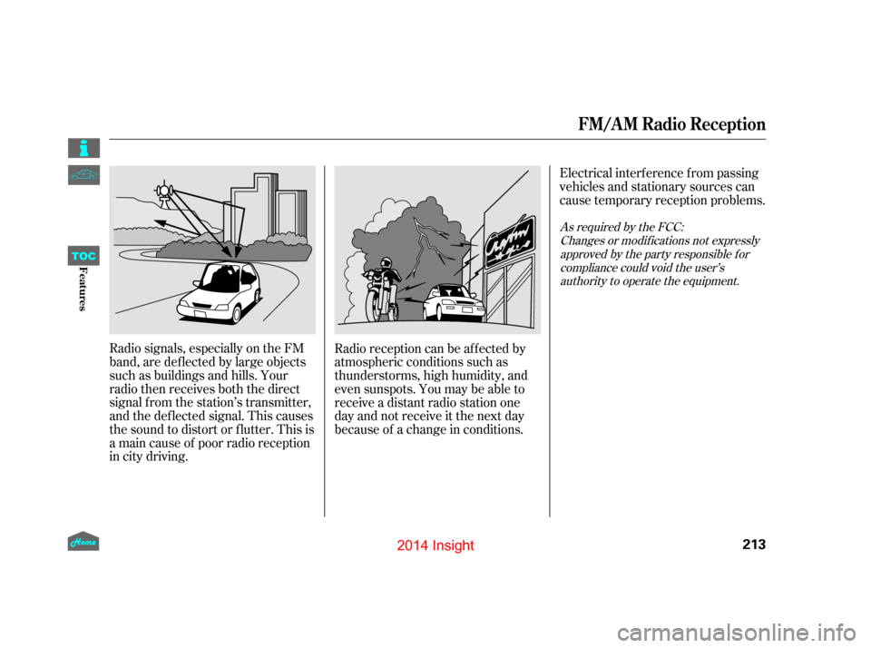 HONDA INSIGHT 2014 2.G Owners Manual Radio signals, especially on the FM
band, are def lected by large objects
such as buildings and hills. Your
radio then receives both the direct
signal f rom the station’s transmitter,
and the def le